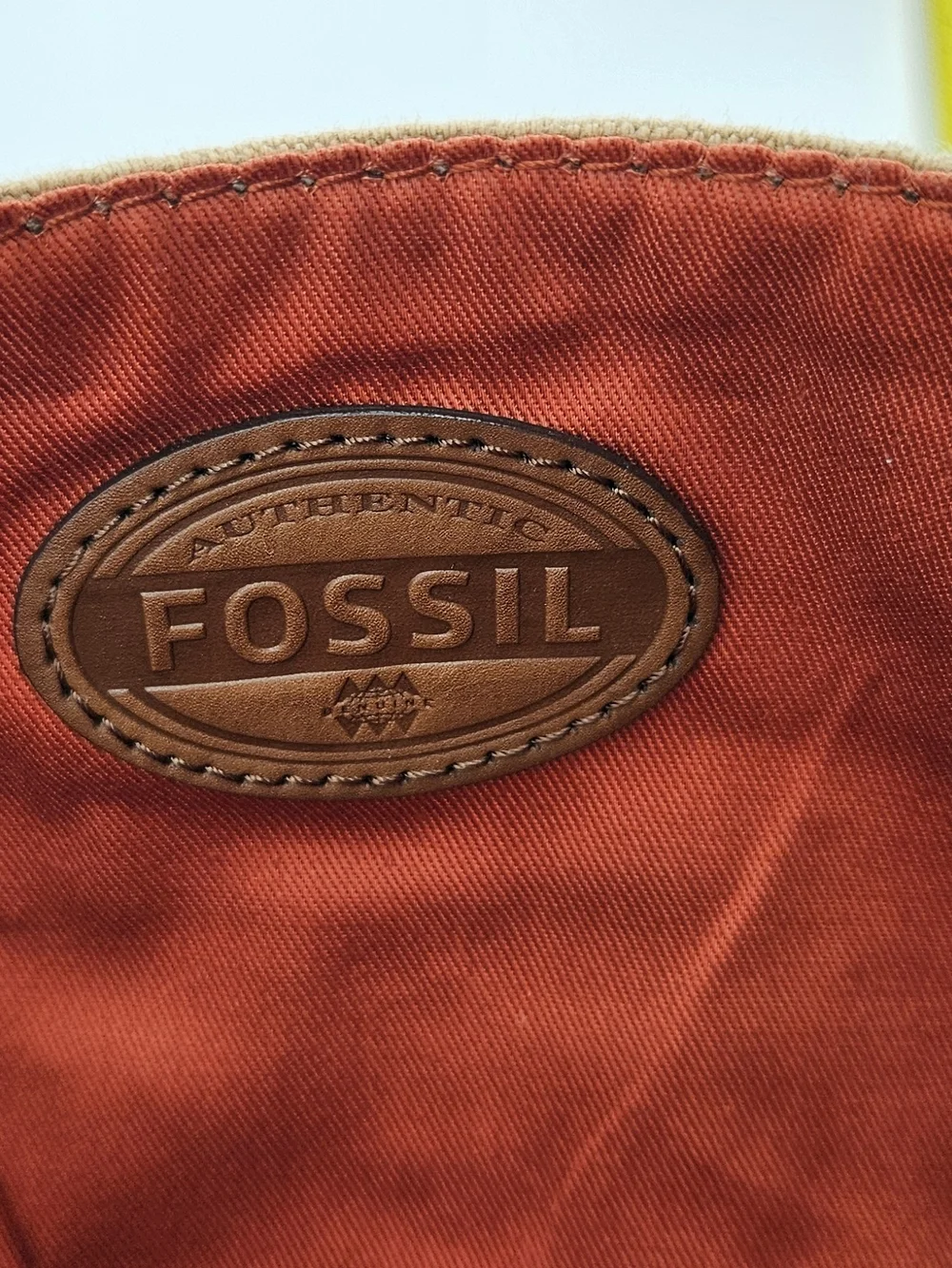 Canvas Fossil Crossbody Messenger Bag - Tan with Brown Faux Leather Trim